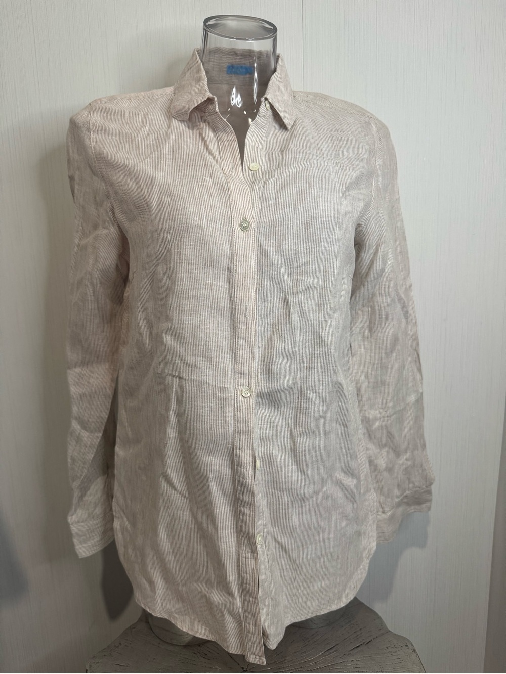 J. McLaughlin Blouse. 100% Linen! Tan/Khaki/Ivory Stripe. Small. No flaws!